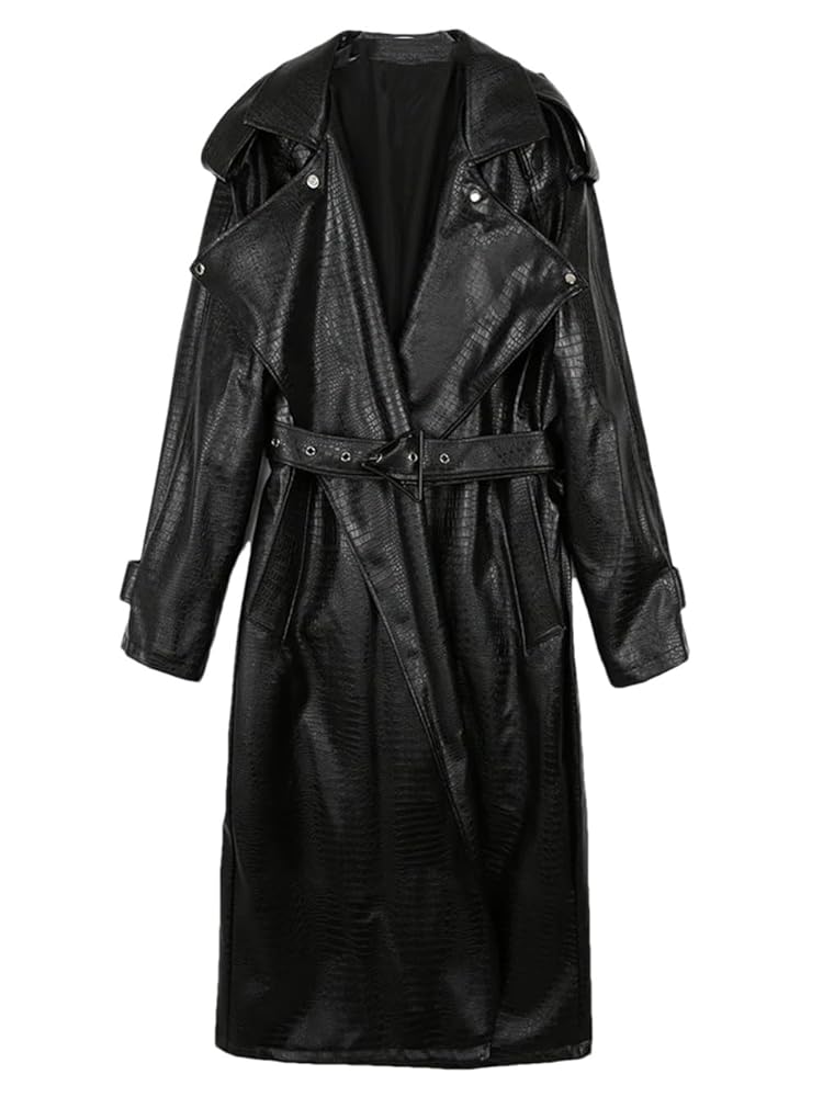 Snakeskin Printed PU Leather Long Trench Coat for Women Long